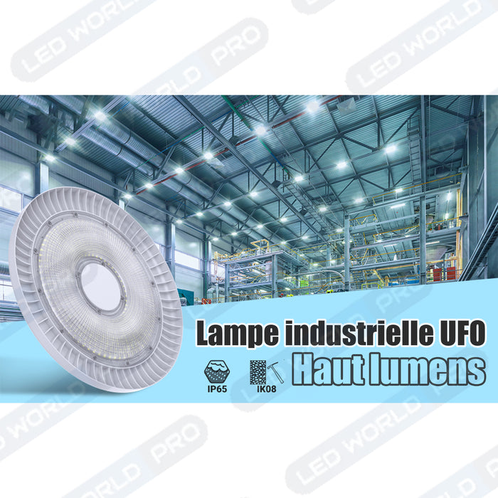 Pack de 3x Lampes industrielles UFO - Série WHITE - 150 Watts - 24 000 Lumens - 160 Lumens/Watt - Angle 110° - IP65 - Protection à l'impact IK08 - 38 x 13cm - 5000k - Transformateur SOSEN  - DALI - Garantie 5 ans