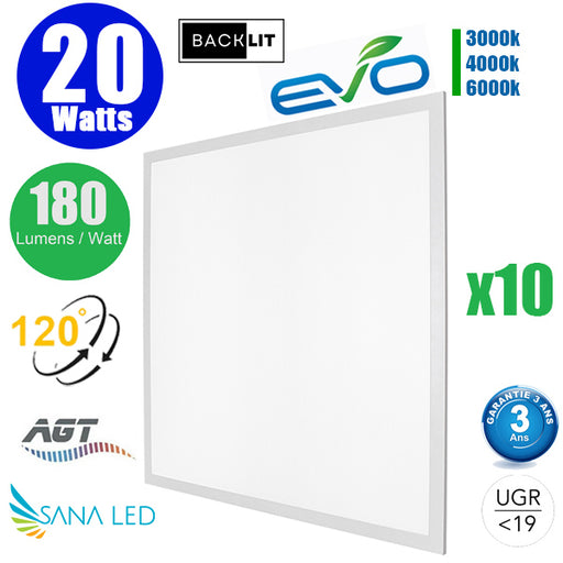 Pack de 10x Dalles LED Dernière génération - BACKLIT - 60 x 60 cm - Série AMBITION EVO – 20 Watts - 3600 lumens - 180 Lumens/Watt - 3000k/4000k/6000k au choix - Transformateur inclus - UGR <19 - Garantie 3 ans