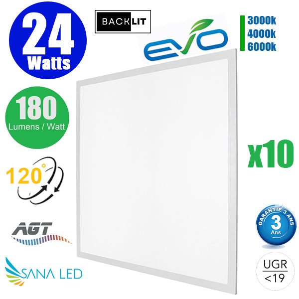 Pack de 10x Dalles LED Dernière génération - BACKLIT - 60 x 60 cm - Série AMBITION EVO – 24 Watts - 4320 Lumens - 180 Lumens/Watt - 3000k/4000k/6000k au choix - Transformateur inclus - UGR <19 - Garantie 3 ans