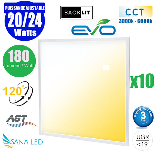 Pack de 10x Dalles LED Dernière génération - BACKLIT - 60 x 60 cm - Série AMBITION EVO - CCT (Couleur Changeante en Température) – Puissance ajustable 20 à 24 Watts - 180 Lumens/Watt - Transformateur inclus - UGR <19 - Garantie 3 ans