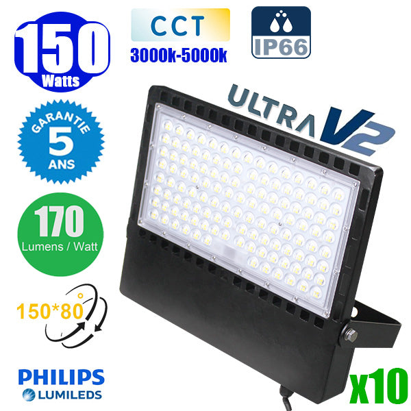 Pack de 10x Projecteurs LED filaires CCT (Couleur Changeante en Température) - Série CITY PLUS ULTRA V2 - 150 Watts - 25 500 Lumens - 170 Lumens/Watt - Angle 150 x 80° - IP66 - IK08 - 40 x 31 x 5 cm - Support ajustable 270° - Câble 50cm - Garantie 5 ans