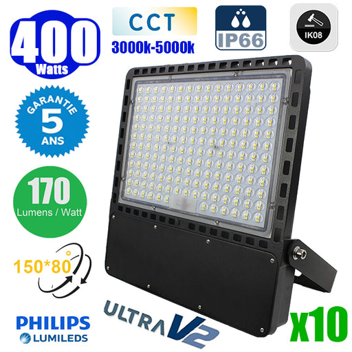 Pack de 10x Projecteurs LED filaires CCT (Couleur Changeante en Température) - Série CITY PLUS ULTRA V2 - 400 Watts - 68 000 Lumens - 170 Lumens/Watt - Angle 150*80° - IP66 - IK08 - 46 x 41 x 6 cm - Support ajustable 270° - Câble 50cm - Garantie 5 ans