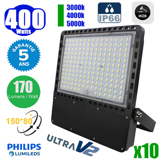 Pack de 10x Projecteurs LED filaires - Série CITY PLUS ULTRA V2 - 400 Watts - 68 000 Lumens - 170 Lumens/Watt - Angle 150*80° - IP66 - IK08 - 46 x 41 x 6 cm - Support ajustable 270° - Câble 50cm - 3000k/4000k/5000k au choix - Garantie 5 ans