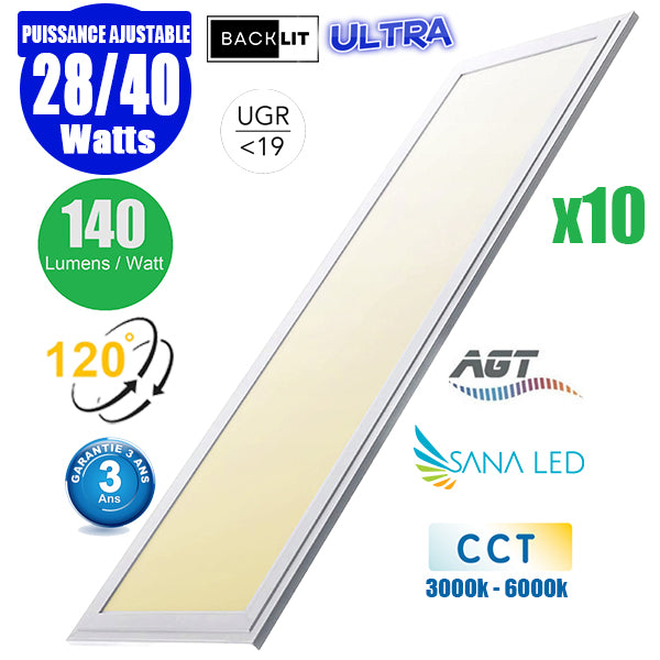 Pack de 10x Dalles LED Dernière génération - BACKLIT - 30 x 120 cm - Série AMBITION ULTRA - CCT (Couleur Changeante en Température) – Puissance ajustable 28 à 40 Watts - 140 Lumens/Watt - Transformateur inclus - UGR <19 - Garantie 3 ans