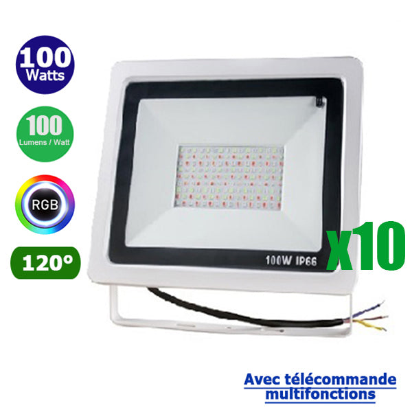 Pack de 10x Projecteurs LED Filaires RGB - Série PAD 100 Watts - 10 000 Lumens - 100 Lumens/Watt - Angle 120° - IP66 - 270 x 210 x 34 mm - Avec télécommande