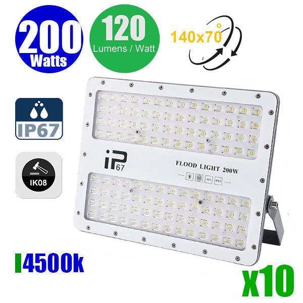 Pack de 10x Projecteurs LED filaires - Série ELITE - 200 Watts - 24 000 Lumens - 120 Lumens / Watt -  Angle 140x70° - IP67 - Protection à l'impact IK08 - 32 x 24 x 4 cm - Couleur 4500k