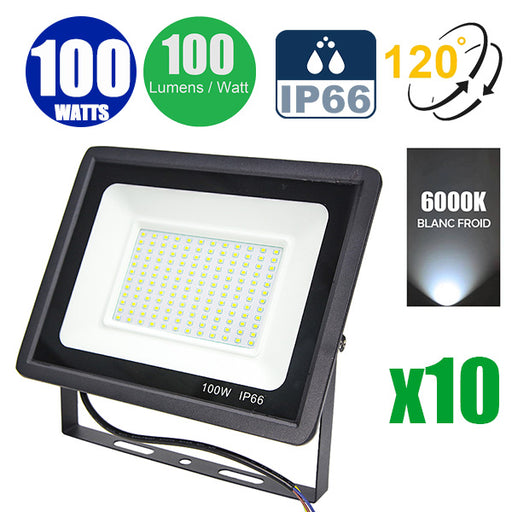 Pack de 10x Projecteurs LED filaires - Série PAD - 100 Watts - 10 000 Lumens - 100 Lumens/Watt - Angle 120° - IP66 - 24 x 16 x 3 cm - Modèle noir - 6000k