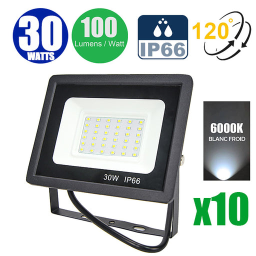 Pack de 10x Projecteurs LED filaires - Série PAD - 30 Watts - 3000 Lumens - 100 Lumens/Watt - Angle 120° - IP66 - 15 x 10 x 3 cm - Modèle noir - 6000k