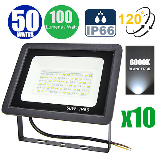 Pack de 10x Projecteurs LED filaires - Série PAD - 50 Watts - 5000 Lumens - 100 Lumens/Watt - Angle 120° - IP66 - 17 x 12 x 3 cm - Modèle noir - 6000k