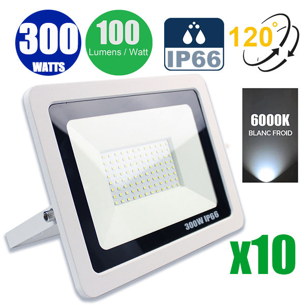 Pack de 10x Projecteurs LED filaires - 300 Watts - 30 000 Lumens - 100 Lumens/Watt - Angle 120° - IP66 - 370 x 265 x 35 mm - Modèle Blanc - 6000k