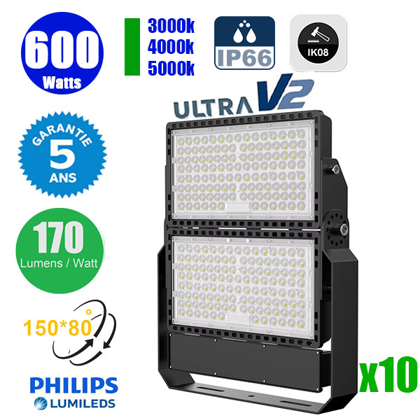 Pack de 10x Projecteurs LED filaires - Série CITY PLUS ULTRA V2 - 600 Watts - 102 000 Lumens - 170 Lumens/Watt - Angle 150*80° - IP66 - IK08 - 52 x 45 x 7 cm - Support ajustable 270° - Câble 50cm - 3000k/4000k/5000k au choix - Garantie 5 ans