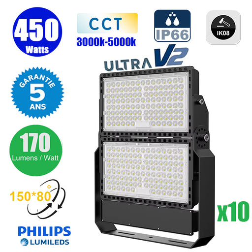 Pack de 10x Projecteurs LED filaires CCT (Couleur Changeante en Température) - Série CITY PLUS ULTRA V2 - 450 Watts - 76 500 Lumens - 170 Lumens/Watt - Angle 150*80° - IP66 - IK08 - 52 x 45 x 7 cm - Support ajustable 270° - Câble 50cm - Garantie 5 ans