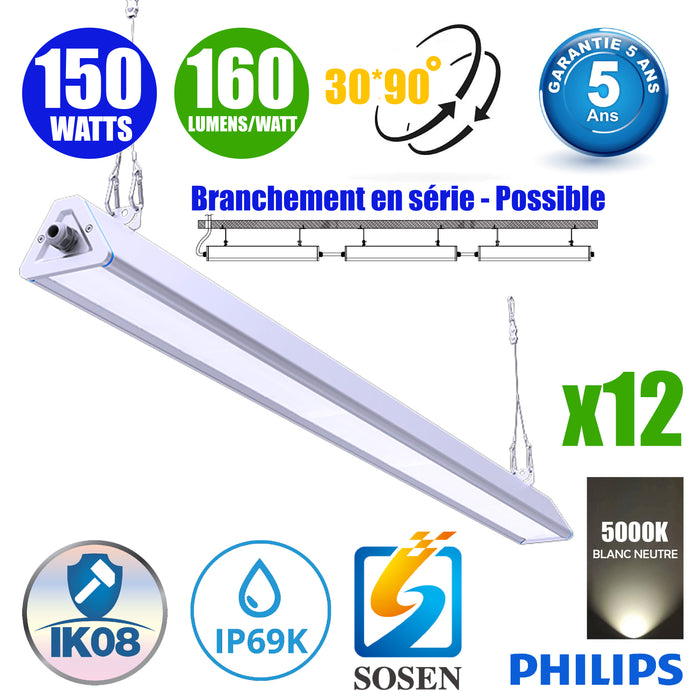 Pack de 12x Lampes industrielles linéaires - Série LINEAR V2 - 150 Watts - 24 000 Lumens - 160 Lumens/watt - Angle 30x90°  - IP66 - 90 x 11 x 8 cm - Transformateur SOSEN - Branchement en Série Possible - 5000K - Accessoires inclus - Garantie 5 ans