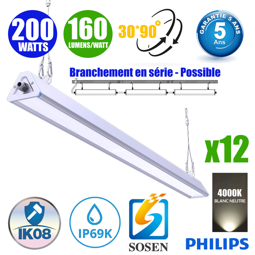 Pack de 12x Lampes industrielles linéaires - Série LINEAR V2 - 200 Watts - 32 000 Lumens - 160 Lumens/watt - Angle 30x90°  - IP66 - 120 x 11 x 8 cm - Transformateur SOSEN - Branchement en Série Possible - 4000K - Accessoires inclus - Garantie 5 ans