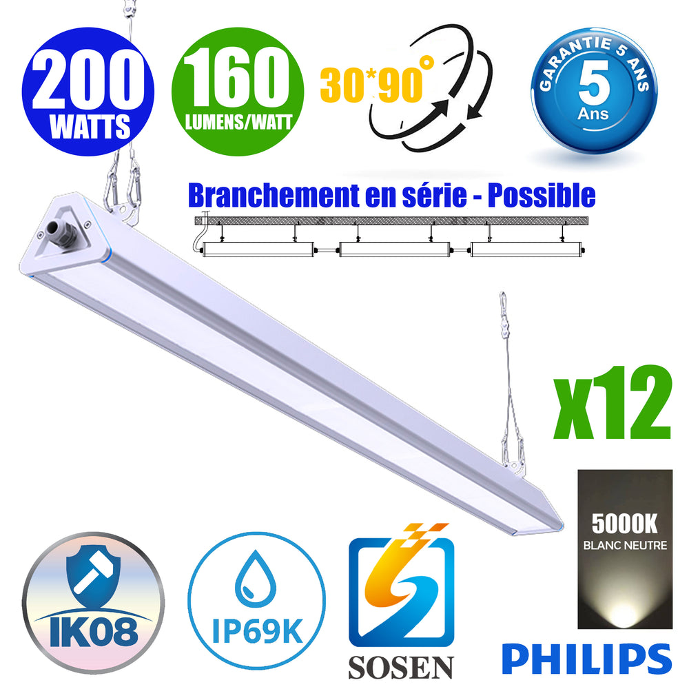 Pack de 12x Lampes industrielles linéaires - Série LINEAR V2 - 200 Watts - 32 000 Lumens - 160 Lumens/watt - Angle 30x90°  - IP66 - 120 x 11 x 8 cm - Transformateur SOSEN - Branchement en Série Possible - 5000K - Accessoires inclus - Garantie 5 ans