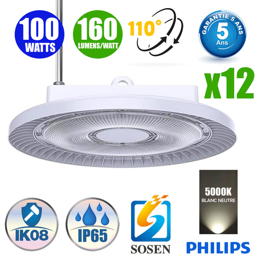 Pack de 12x Lampes industrielles UFO - Série WHITE - 100 Watts - 16 000 Lumens - 160 Lumens/Watt - Angle 110° - IP65 - Protection à l'impact IK08 - 38 x 13cm - 5000k - Transformateur SOSEN  - DALI - Garantie 5 ans