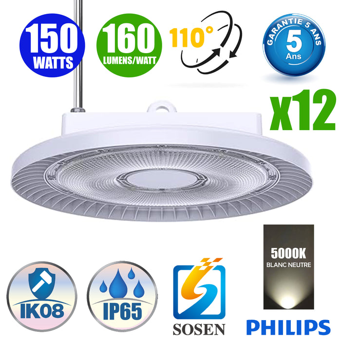 Pack de 12x Lampes industrielles UFO - Série WHITE - 150 Watts - 24 000 Lumens - 160 Lumens/Watt - Angle 110° - IP65 - Protection à l'impact IK08 - 38 x 13cm - 5000k - Transformateur SOSEN  - DALI - Garantie 5 ans