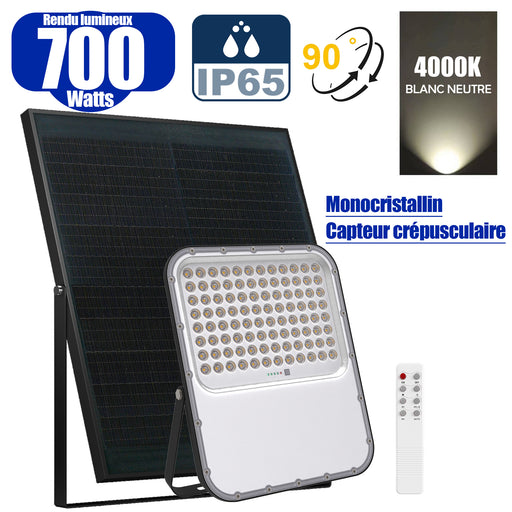 Projecteur LED solaire - Série BIG BOY V3 - 700 Watts - 4200 Lumens - 90° - IP65 - Lampe 33 x 28 x 5 cm - Panneau solaire MONOCRISTALLIN FULL BLACK 39 x 43 x 2 cm - Télécommande - 4000k - Structure ALUMINIUM