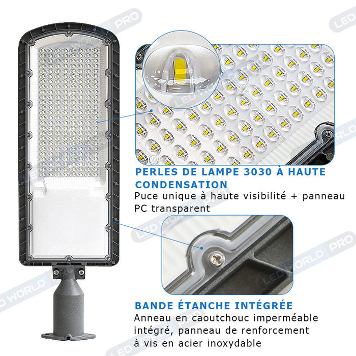 Pack lampadaire filaire complet double tête 3 mètres : 2x Lampes de rue filaire - Série FLEX ECO - 150 Watts - 4500k + Mât STANDARD - 3 mètres avec trappe + Double tête de mât en ligne ou perpendiculaire