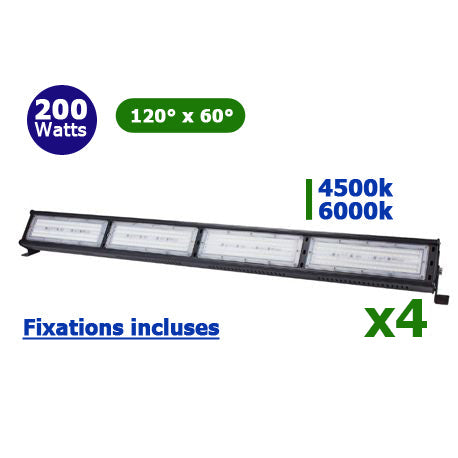 Pack de 4x Lampes industrielles Driverless - Linéaire - Série LINEAR - 200 Watts - 20 000 Lumens - 100 Lumens/Watt - Angle 120 ° x 60 ° - IP44 - Aluminium - 1110 x 110 x 110 mm