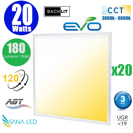 Pack de 20x Dalles LED Dernière génération - BACKLIT - 60 x 60 cm - Série AMBITION EVO - CCT (Couleur Changeante en Température) – 20 Watts - 3600 lumens - 180 Lumens/Watt - Transformateur inclus - UGR <19 - Garantie 3 ans