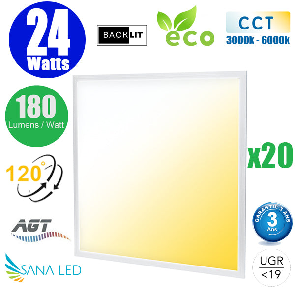 Pack de 20x Dalles LED Dernière génération - BACKLIT - 60 x 60 cm - Série AMBITION EVO - CCT (Couleur Changeante en Température) – 24 Watts - 4320 Lumens - 180 Lumens/Watt - Transformateur inclus - UGR <19 - Garantie 3 ans