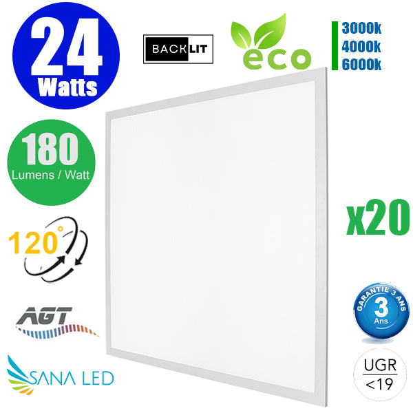 Pack de 20x Dalles LED Dernière génération - BACKLIT - 60 x 60 cm - Série AMBITION EVO – 24 Watts - 4320 Lumens - 180 Lumens/Watt - 3000k/4000k/6000k au choix - Transformateur inclus - UGR <19 - Garantie 3 ans