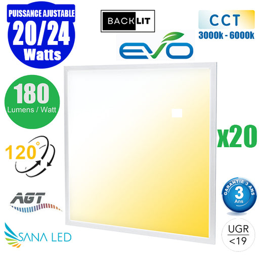 Pack de 20x Dalles LED Dernière génération - BACKLIT - 60 x 60 cm - Série AMBITION EVO - CCT (Couleur Changeante en Température) – Puissance ajustable 20 à 24 Watts - 180 Lumens/Watt - Transformateur inclus - UGR <19 - Garantie 3 ans