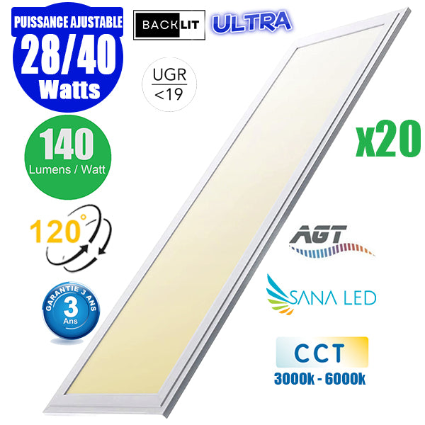 Pack de 20x Dalles LED Dernière génération - BACKLIT - 30 x 120 cm - Série AMBITION ULTRA - CCT (Couleur Changeante en Température) – Puissance ajustable 28 à 40 Watts - 140 Lumens/Watt - Transformateur inclus - UGR <19 - Garantie 3 ans