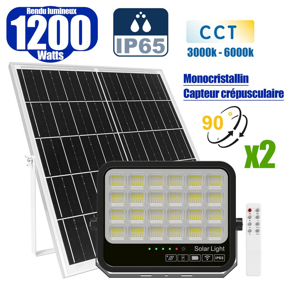 Pack de 2x Projecteurs LED solaires - Série AJUST V3 - CCT - Rendu lumineux 1200 Watts - 6300 Lumens - 90° - IP65 - Projecteur 35 x 26 x 5 cm - Panneau MONOCRISTALLIN 63 x 39 x 2 cm - Avec télécommande - Avec capteur crépusculaire