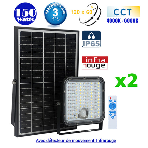 Pack de 2x Projecteurs LED solaires CCT (Couleur Changeante en Température) - Série SECURITY V1 - Rendu lumineux 150 Watts - 1500 lumens - Angle 120° x 60° - Lampe 14 x 15 x 3 cm - Panneau solaire monocristallin - Détecteur Infrarouge