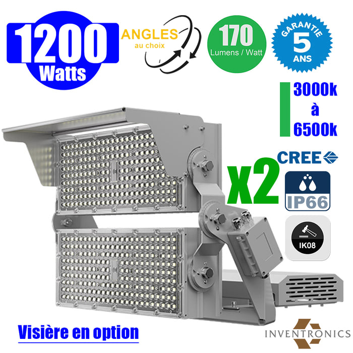 Pack de 2x Projecteurs hautes puissances LED de stade filaire - Série EVOLUTION V2 - 1200 Watts - 204 000 Lumens - 170 Lumens/Watt - Angle 20° / 30° / 60° / 90° / MBP20 / MLP30 / MBP45 / MBP70 au choix - 3000K à 6500K - Visière en option - Garantie 5 ans