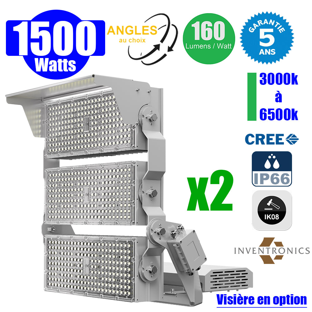 Pack de 2x Projecteurs hautes puissances LED de stade filaire - Série EVOLUTION V2 - 1500 Watts - 240 000 Lumens - 160 Lumens/Watt - Angle 20° / 30° / 60° / 90° / MLP30 / MBP45 au choix - 3000K à 6500K - Visière en option - Garantie 5 ans