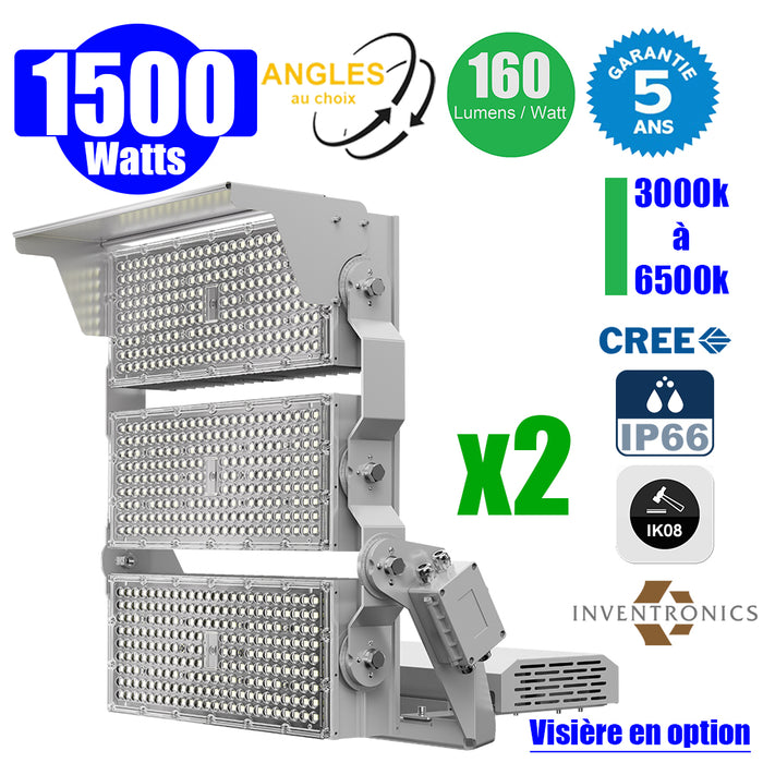 Pack de 2x Projecteurs hautes puissances LED de stade filaire - Série EVOLUTION V2 - 1500 Watts - 240 000 Lumens - 160 Lumens/Watt - Angle 20° / 30° / 60° / 90° / MLP30 / MBP45 au choix - 3000K à 6500K - Visière en option - Garantie 5 ans