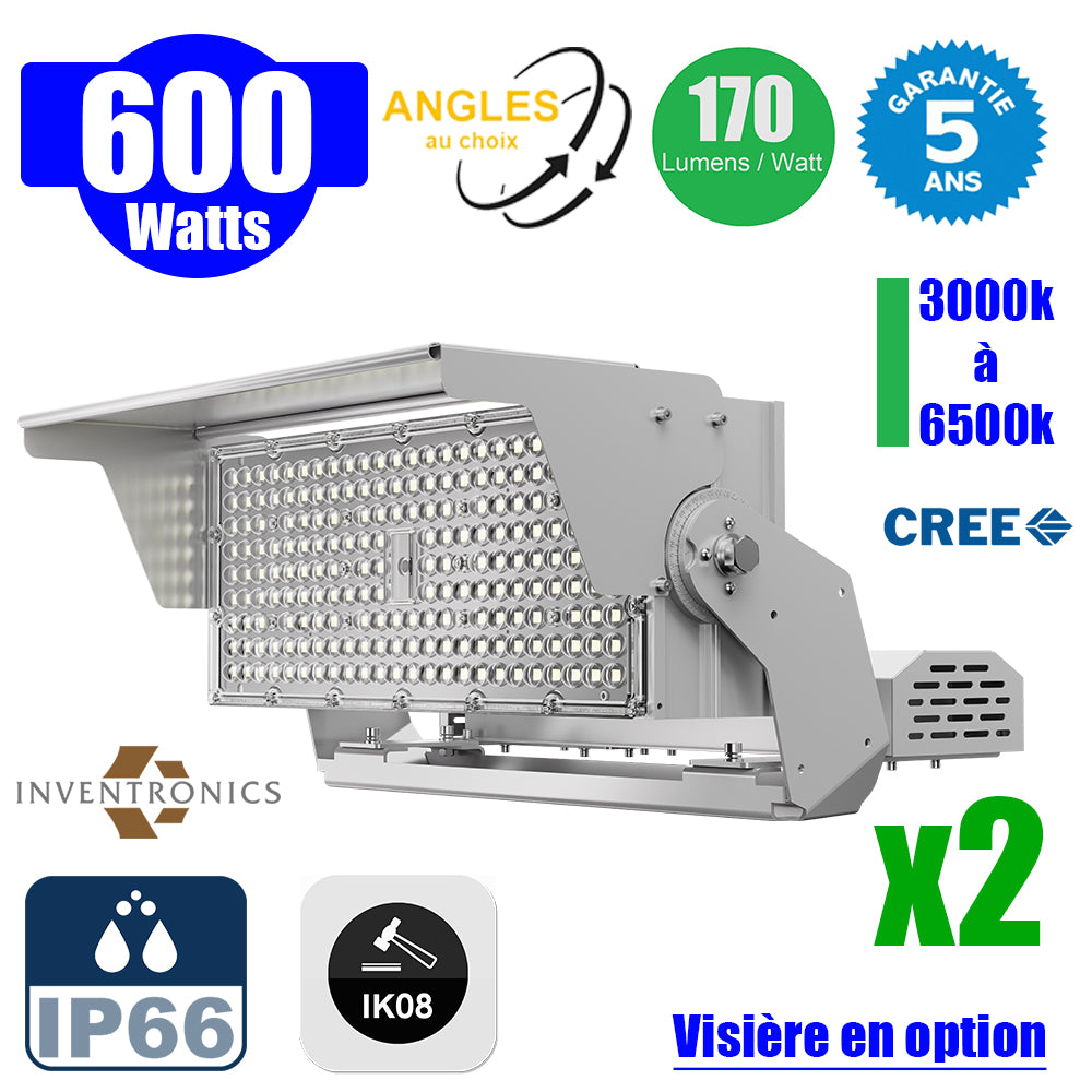 Pack de 2x Projecteurs hautes puissances LED de stade filaire - Série EVOLUTION V2 - 600 Watts - 102 000 Lumens - 170 Lumens/Watt - Angle 20° / 30° / 60° / 90° / MBP20 / MLP30 / MBP45 / MBP70 au choix - 3000K à 6500K - Visière en option - Garantie 5 ans