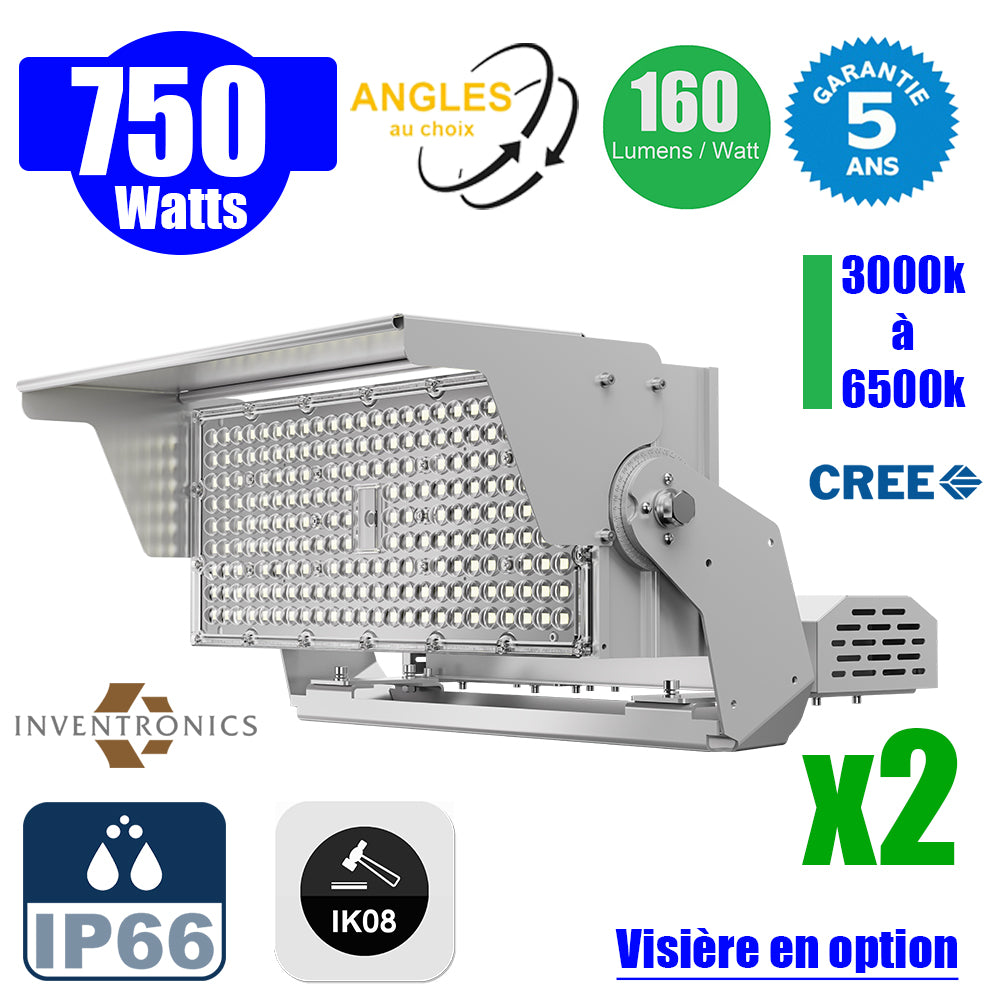 Pack de 2x Projecteurs hautes puissances LED de stade filaire - Série EVOLUTION V2 - 750 Watts - 120 000 Lumens - 160 Lumens/Watt - Angle 20° / 30° / 60° / 90° / MLP30 / MBP45 au choix - 3000K à 6500K - Visière en option - Garantie 5 ans