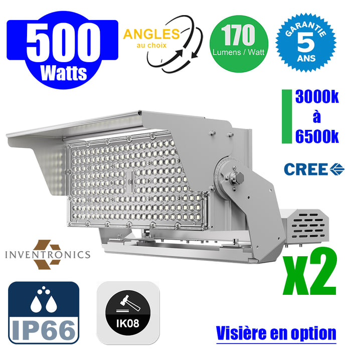 Pack de 2x Projecteurs hautes puissances LED de stade filaire - Série EVOLUTION V2 - 500 Watts - 85 000 Lumens - 170 Lumens/Watt - Angle 20° / 30° / 60° / 90° / MBP20 / MLP30 / MBP45 / MBP70 au choix - 3000K à 6500K - Visière en option - Garantie 5 ans