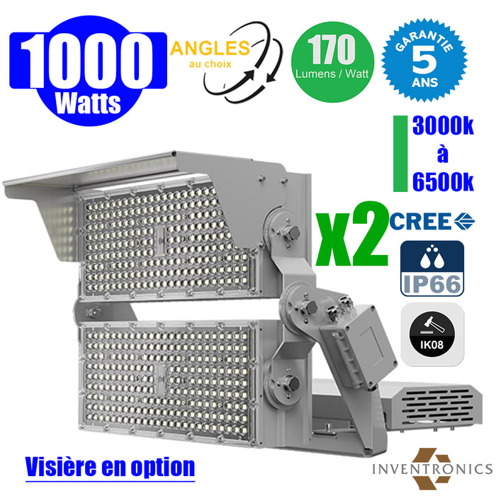 Pack de 2x Projecteurs hautes puissances LED de stade filaire - Série EVOLUTION V2 - 1000 Watts - 170 000 Lumens - 170 Lumens/Watt - Angle 20° / 30° / 60° / 90° / MBP20 / MLP30 / MBP45 / MBP70 au choix - 3000K à 6500K - Visière en option - Garantie 5 ans