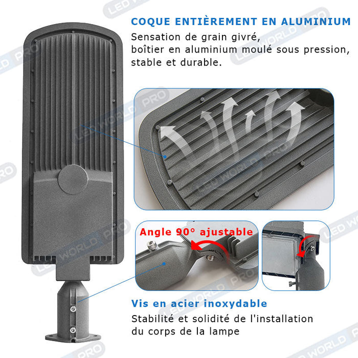 Pack lampadaire filaire complet triple tête 5 mètres : 3x Lampes de rue filaire - Série FLEX ECO - 150 Watts - 3000k + Mât STANDARD - 5 mètres avec trappe + Triple tête de mât perpendiculaire