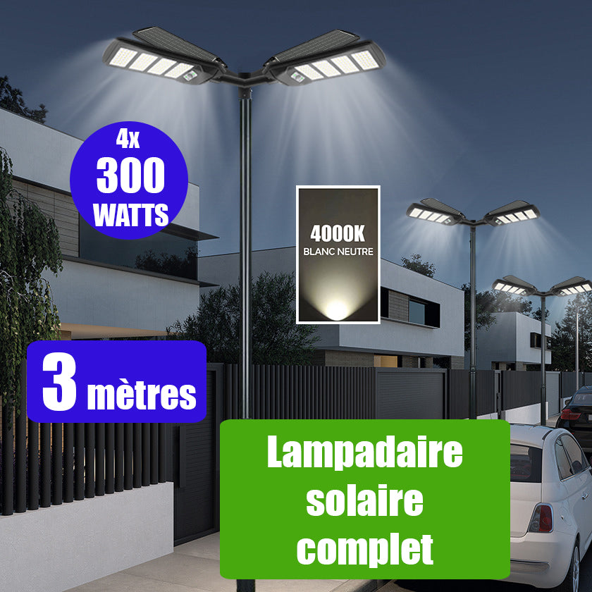 Pack lampadaire solaire complet quadruple tête 3 mètres : 4x Luminaires LED pour Candélabre - Série VIEW V2 - 300 Watts - 2300 Lumens - 4000k + Mât STANDARD 3 mètres + 4x Adaptateurs 60/50 - ajustables + Quadruple tête de mât perpendiculaire