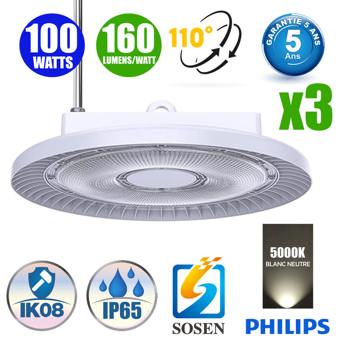 Pack de 3x Lampes industrielles UFO - Série WHITE - 100 Watts - 16 000 Lumens - 160 Lumens/Watt - Angle 110° - IP65 - Protection à l'impact IK08 - 38 x 13cm - 5000k - Transformateur SOSEN  - DALI - Garantie 5 ans