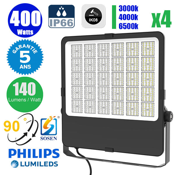 Pack de 4x Projecteurs LED filaires - Série CITY PLUS EVO V2 - 400 Watts - 56 000 Lumens - 140 Lumens/Watt - Angle 90° - 62 x 52 x 6 cm - IP66 - IK08 - 3000k/4000k/6500k au choix - Câble 1 mètre - Garantie 5 ans