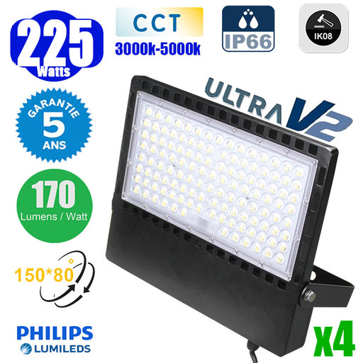 Pack de 4x Projecteurs LED filaires CCT (Couleur Changeante en Température) - Série CITY PLUS ULTRA V2 - 225 Watts - 38 250 Lumens - 170 Lumens/Watt - Angle 150 x 80° - IP66 - IK08 - 40 x 31 x 5 cm - Support ajustable 270° - Câble 50cm - Garantie 5 ans