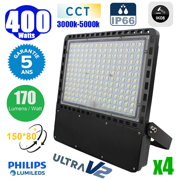 Pack de 4x Projecteurs LED filaires CCT (Couleur Changeante en Température) - Série CITY PLUS ULTRA V2 - 400 Watts - 68 000 Lumens - 170 Lumens/Watt - Angle 150*80° - IP66 - IK08 - 46 x 41 x 6 cm - Support ajustable 270° - Câble 50cm - Garantie 5 ans