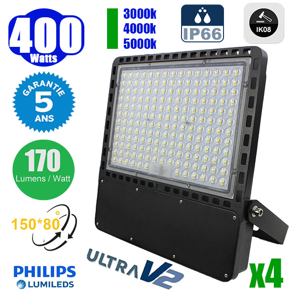 Pack de 4x Projecteurs LED filaires - Série CITY PLUS ULTRA V2 - 400 Watts - 68 000 Lumens - 170 Lumens/Watt - Angle 150*80° - IP66 - IK08 - 46 x 41 x 6 cm - Support ajustable 270° - Câble 50cm - 3000k/4000k/5000k au choix - Garantie 5 ans