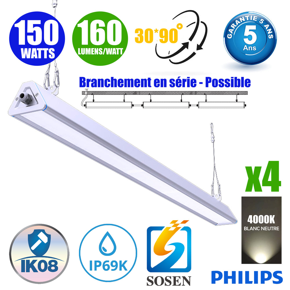 Pack de 4x Lampes industrielles linéaires - Série LINEAR V2 - 150 Watts - 24 000 Lumens - 160 Lumens/watt - Angle 30x90°  - IP66 - 90 x 11 x 8 cm - Transformateur SOSEN - Branchement en Série Possible - 4000K - Accessoires inclus - Garantie 5 ans