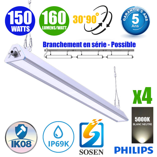 Pack de 4x Lampes industrielles linéaires - Série LINEAR V2 - 150 Watts - 24 000 Lumens - 160 Lumens/watt - Angle 30x90°  - IP66 - 90 x 11 x 8 cm - Transformateur SOSEN - Branchement en Série Possible - 5000K - Accessoires inclus - Garantie 5 ans