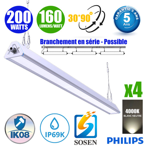 Pack de 4x Lampes industrielles linéaires - Série LINEAR V2 - 200 Watts - 32 000 Lumens - 160 Lumens/watt - Angle 30x90°  - IP66 - 120 x 11 x 8 cm - Transformateur SOSEN - Branchement en Série Possible - 4000K - Accessoires inclus - Garantie 5 ans