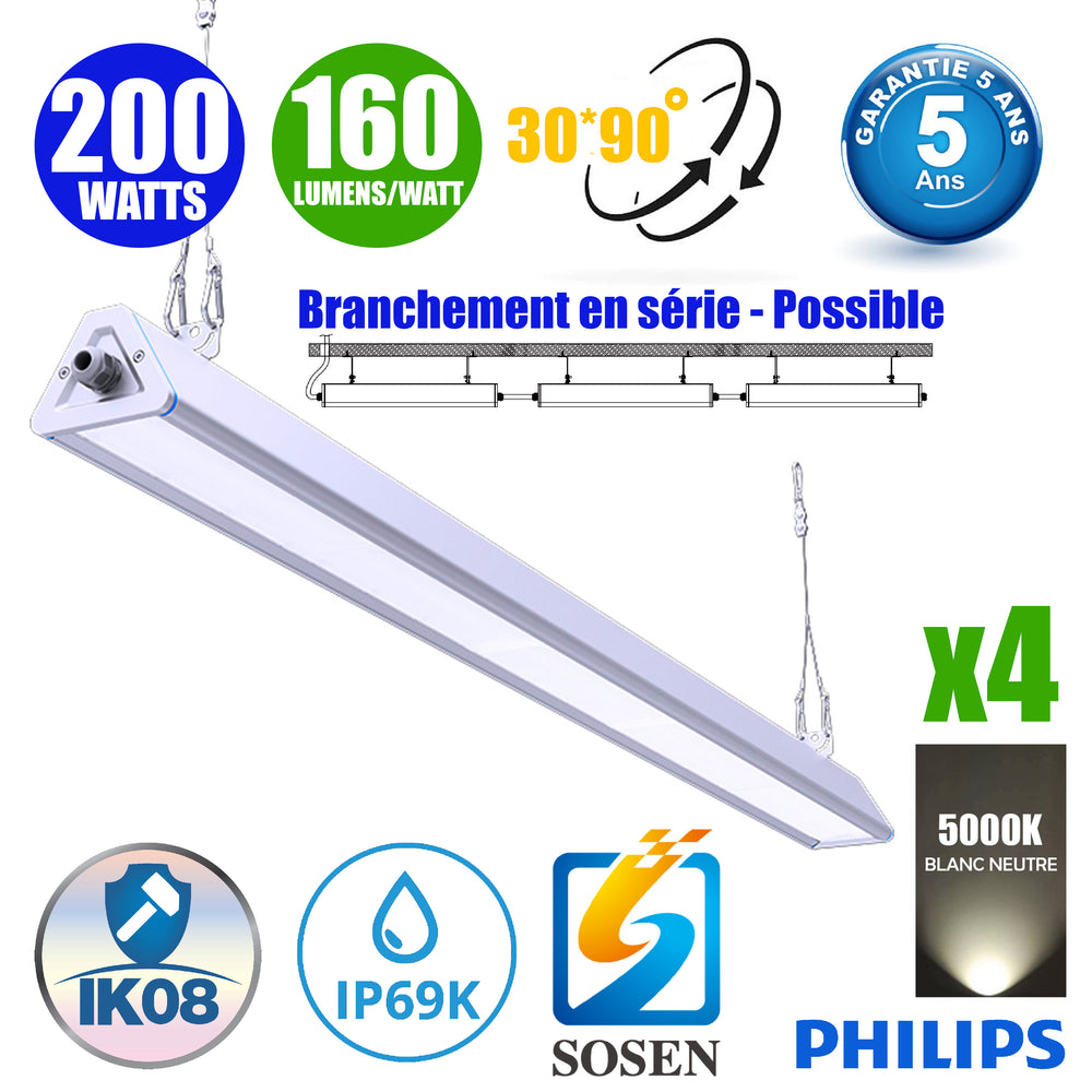 Pack de 4x Lampes industrielles linéaires - Série LINEAR V2 - 200 Watts - 32 000 Lumens - 160 Lumens/watt - Angle 30x90°  - IP66 - 120 x 11 x 8 cm - Transformateur SOSEN - Branchement en Série Possible - 5000K - Accessoires inclus - Garantie 5 ans