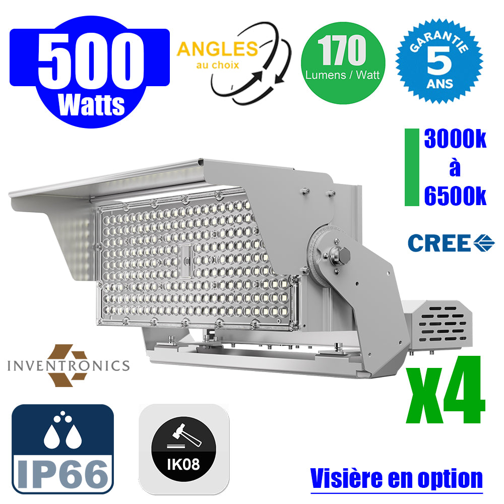 Pack de 4x Projecteurs hautes puissances LED de stade filaire - Série EVOLUTION V2 - 500 Watts - 85 000 Lumens - 170 Lumens/Watt - Angle 20° / 30° / 60° / 90° / MBP20 / MLP30 / MBP45 / MBP70 au choix - 3000K à 6500K - Visière en option - Garantie 5 ans